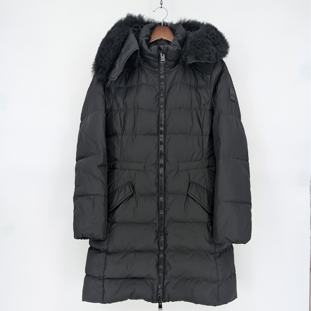 Coach Black Down Puffer Coat XS Removable Hood Detachable Shearling Trim Parka